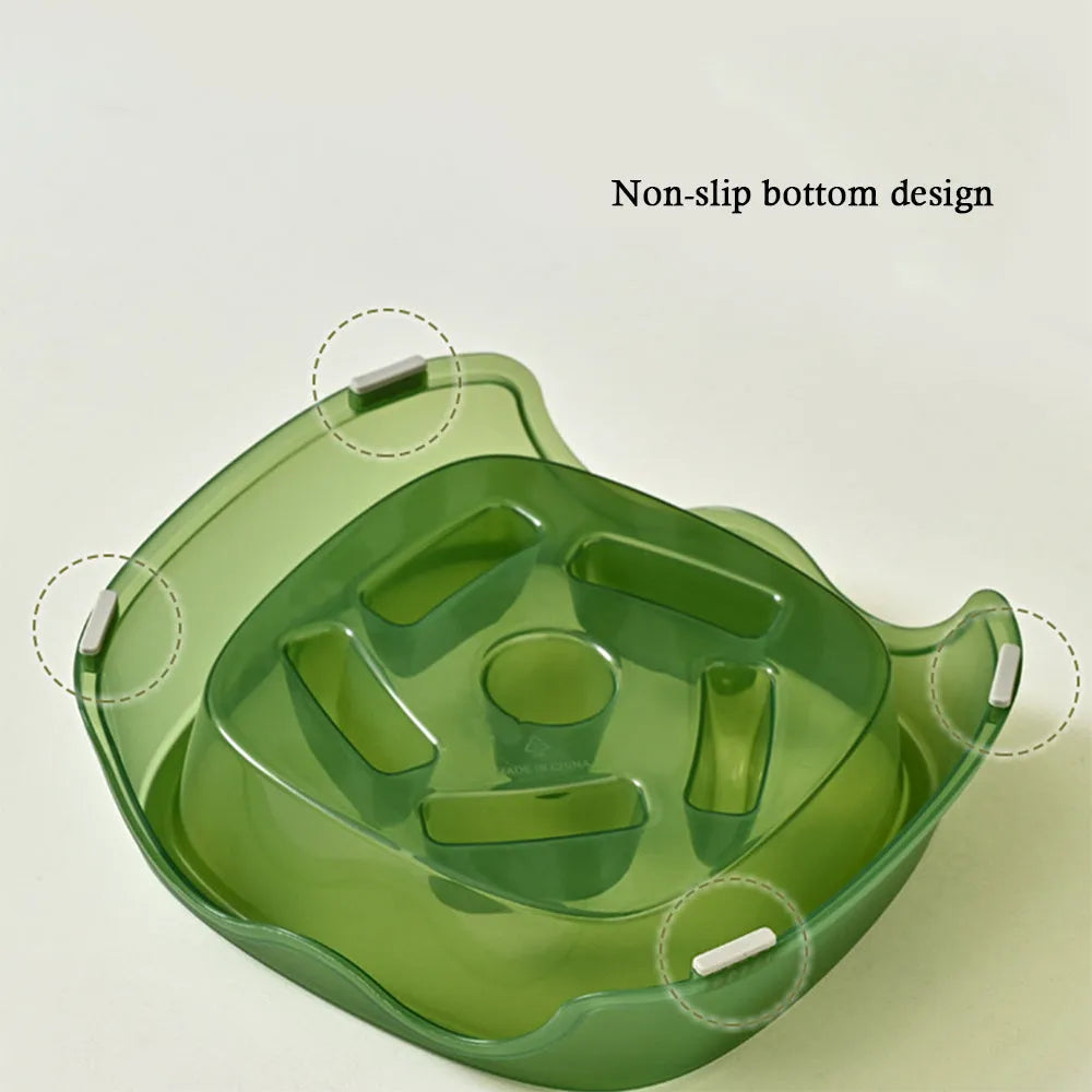 Blue plastic dog slow feeder bowl with anti-choking design on white background