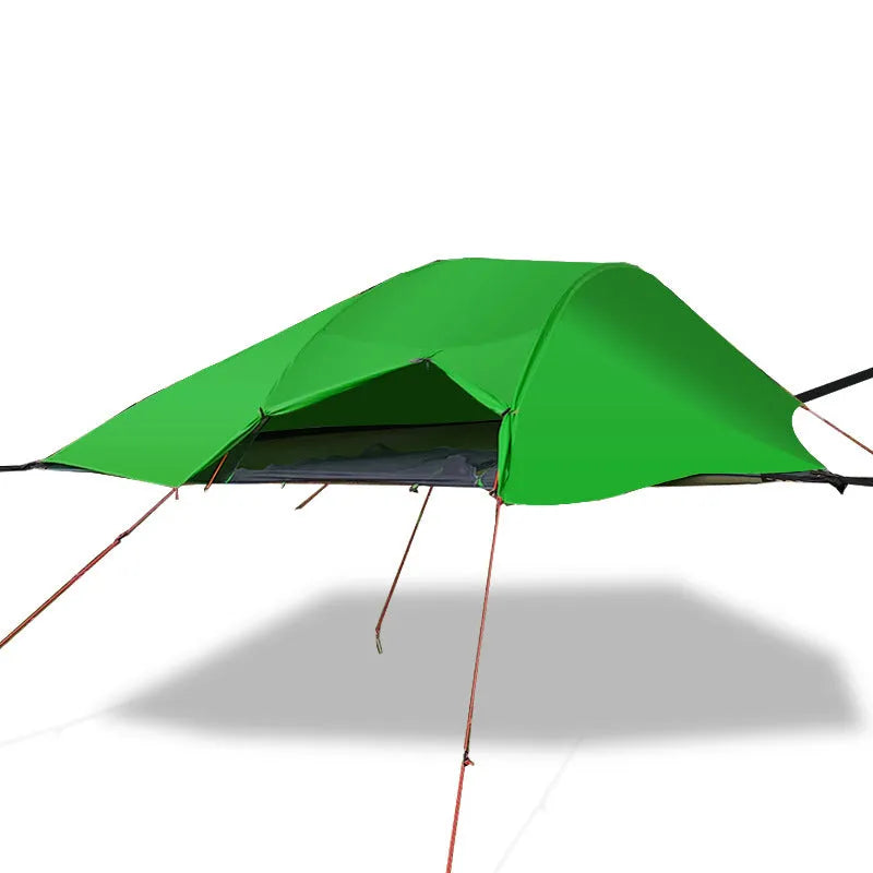 Self-driving tour camping hammock tent with aluminium pole and mosquito net suspended between trees in a forest setting