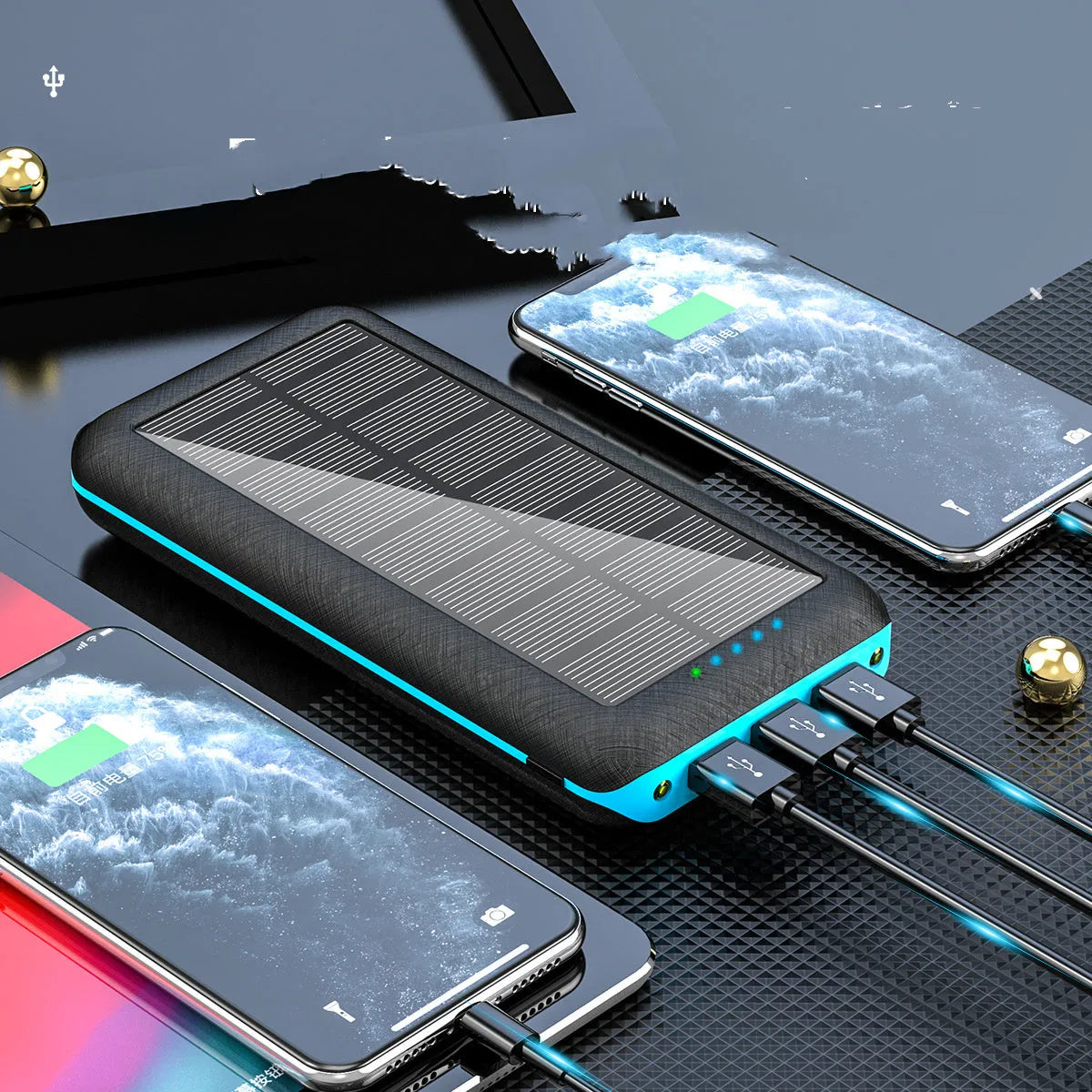 Black portable power bank with solar panel, wireless charging surface, and three USB output ports