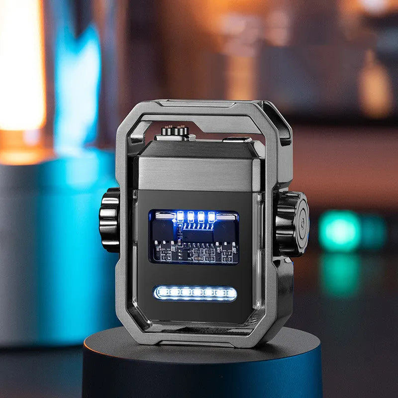 Blue Pulse Lighter showing windproof double arc, mechanical gyroscope, and Type-C charging port on a zinc alloy body.