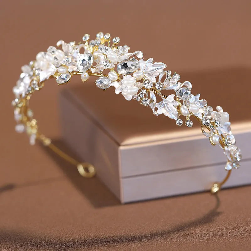 Alloy pearl crown headdress for women with gold electroplated finish and European styling