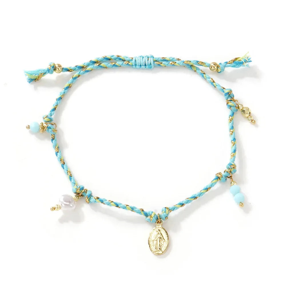 A colourful hand-woven braided rope bracelet for women in an ethnic strap tag style.