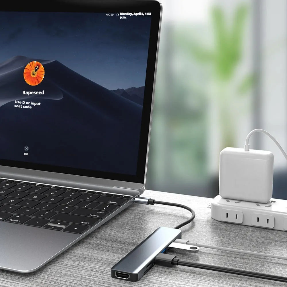 Seven-in-one Type-C USB expander hub with 14.5cm cable showing multiple interface ports