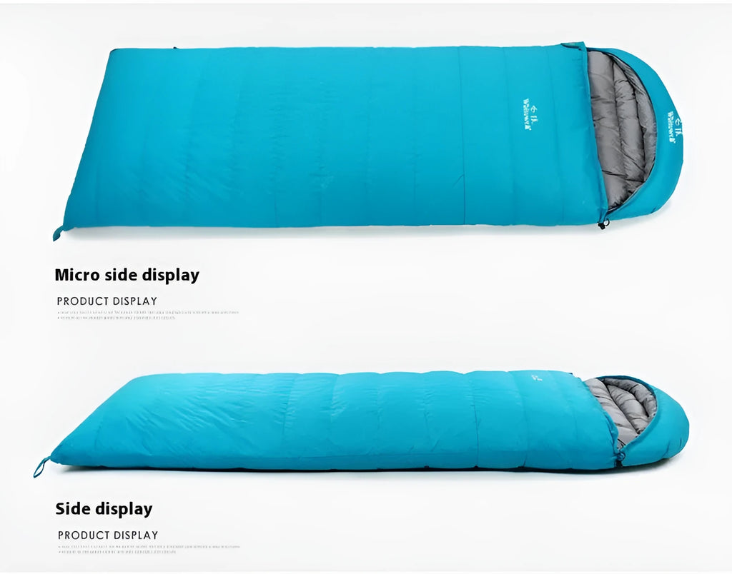 Black outdoor sleeping bag with goose down filler and tear-resistant nylon fabric for adult camping use