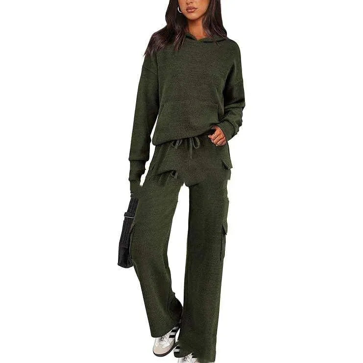 Women's polyester leisure sports suit set showing long sleeve top and matching trousers in multiple colour options