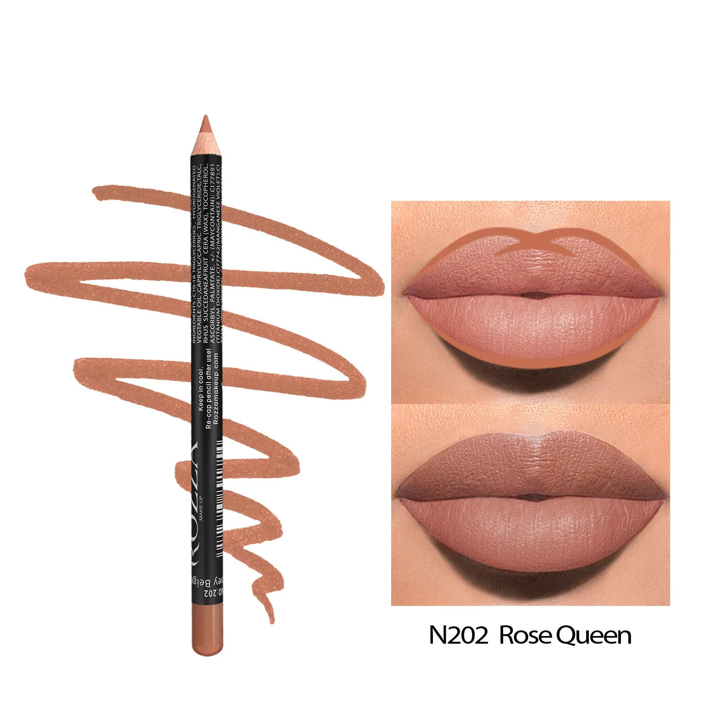 Matte lip liner pencil in a wooden tone shade from a set of 14 colours, shown on a hand.