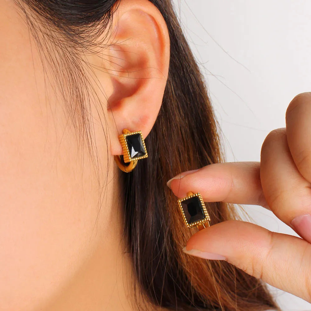 Square zircon stainless steel earrings with geometric design in white, black and green colours