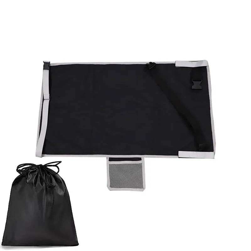 Blue portable children's aircraft seat pedal extender with drawstring storage pocket for travel