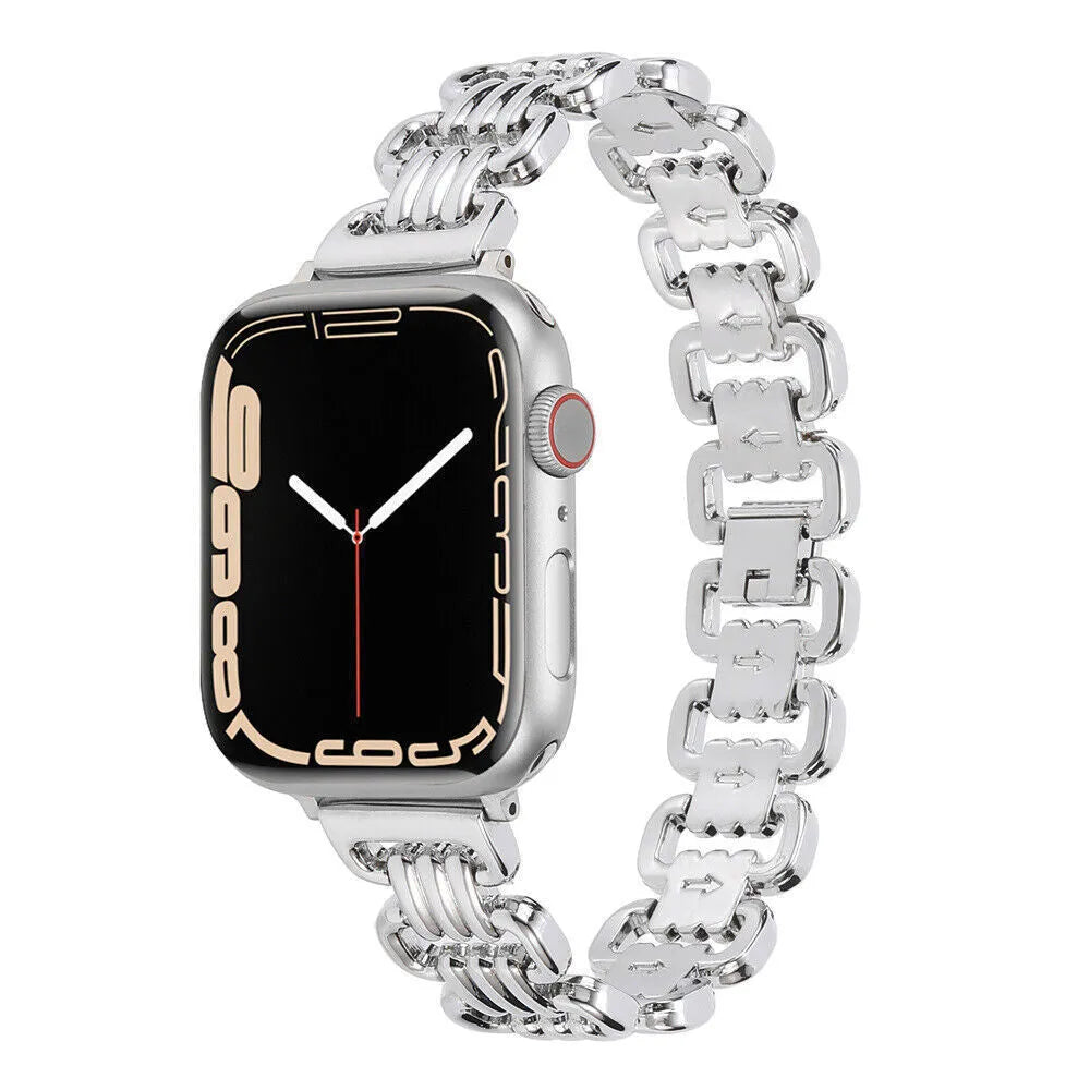 Alloy metal replacement bracelet for Apple Watch in silver, black, gold, rose gold and Starlight colours.