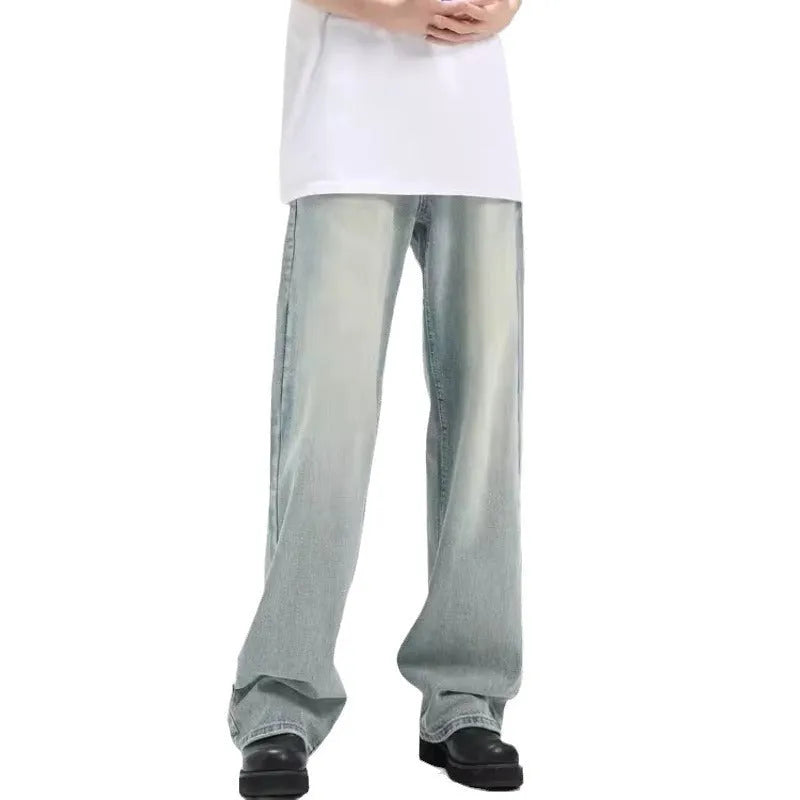 Blue retro loose-fit men's casual trousers made from rabbit fur fabric on a neutral background.