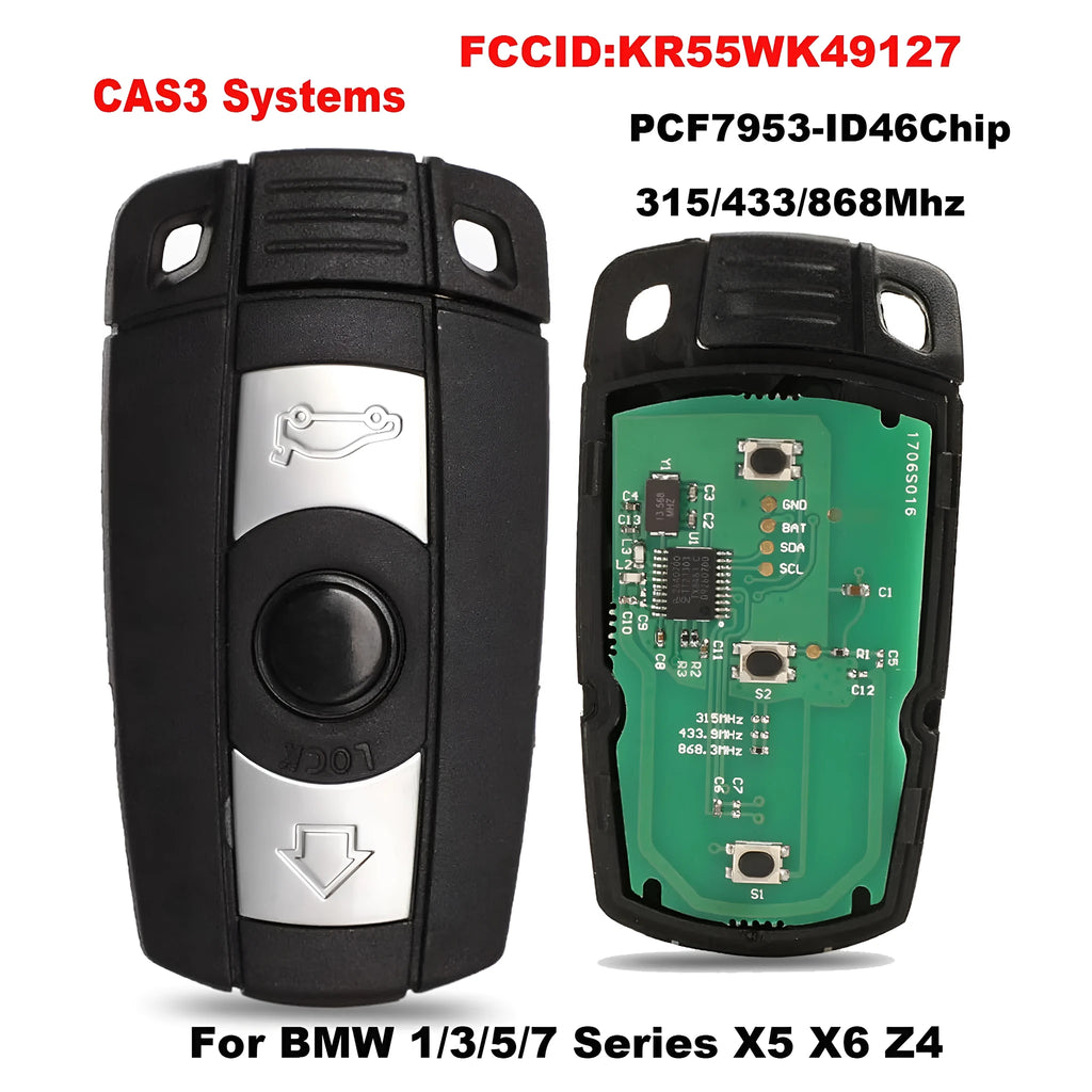 Black BMW CAS3 semi-intelligent 3-button remote car key fob with metal and plastic construction.