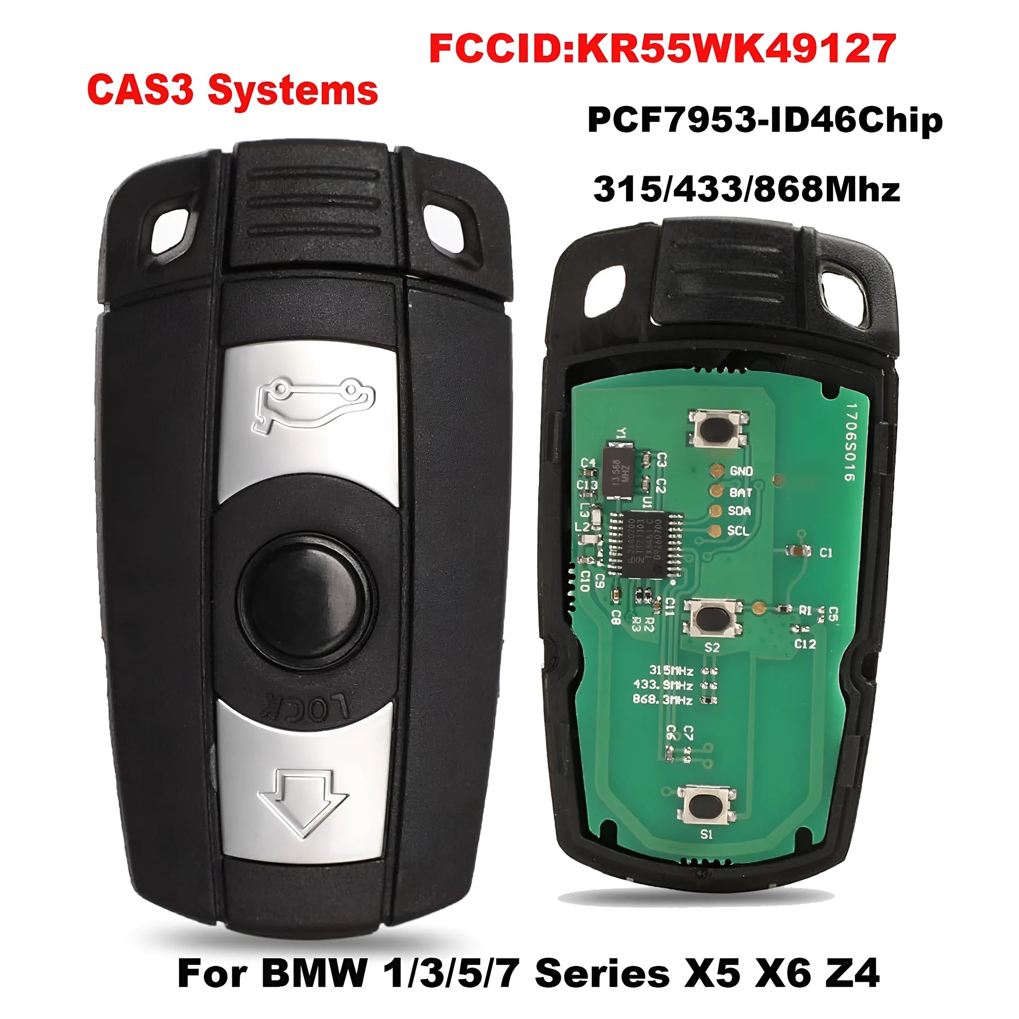 Black BMW CAS3 semi-intelligent 3-button remote car key fob with metal and plastic construction.