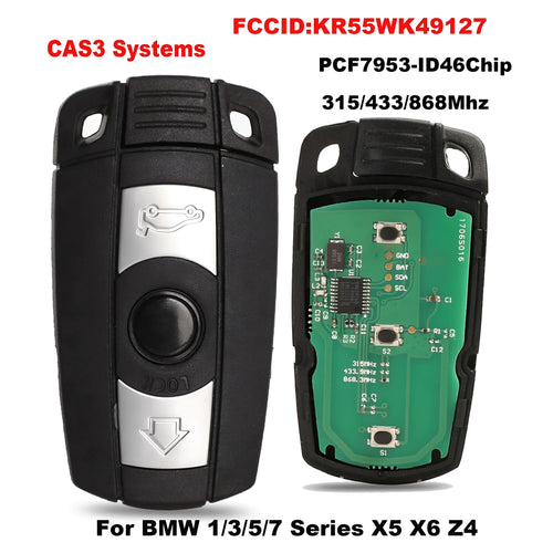 Black BMW CAS3 semi-intelligent 3-button remote car key fob with metal and plastic construction.