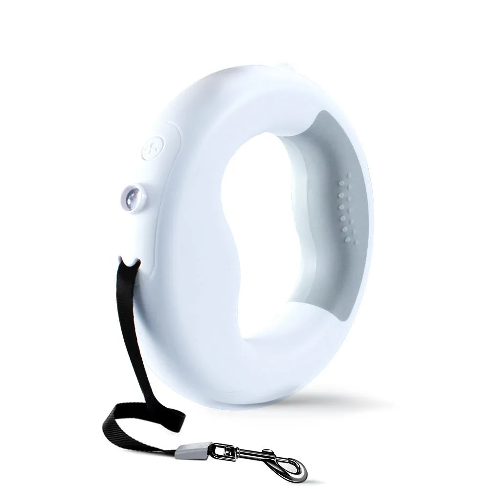 Luminous automatic telescopic dog rope with ABS housing, USB charging, pink colour option on white background