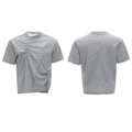 Man modelling a loose grey cotton T-shirt with a round neck and asymmetric stitching detail on the front.