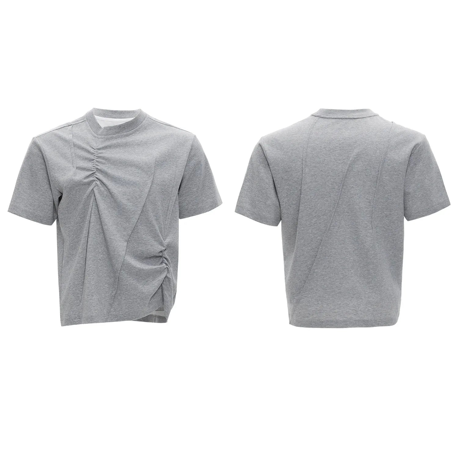 Man modelling a loose grey cotton T-shirt with a round neck and asymmetric stitching detail on the front.