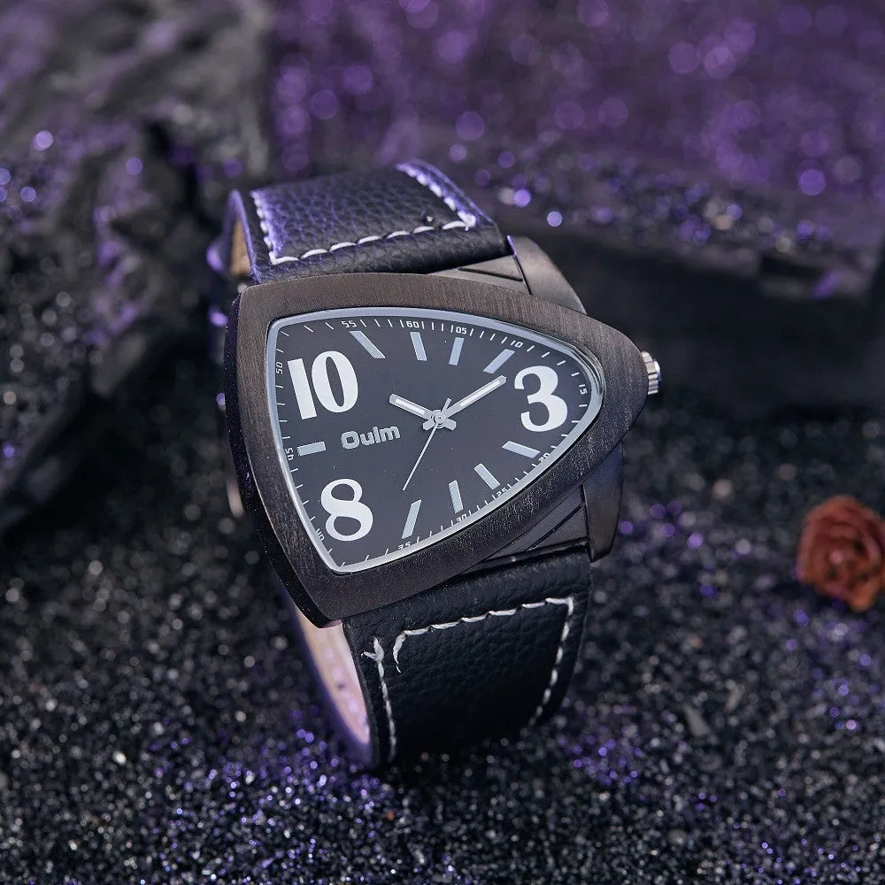 Men's casual triangle belt quartz watch with slim 9mm profile in brown, black, blue colour options
