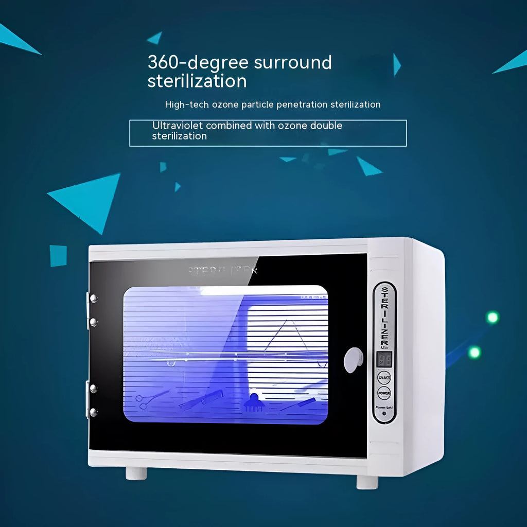 Silver mini ultraviolet steriliser unit with stainless steel interior for beauty salon tool hygiene