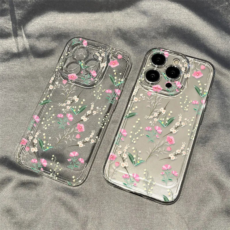 Small floral silicone phone case for iPhone 11-16 series, transparent, with shockproof and anti-fingerprint TPU material
