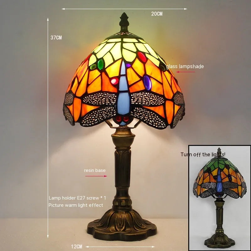 Stone table lamp with Tiffany-style dragonfly decoration in European design