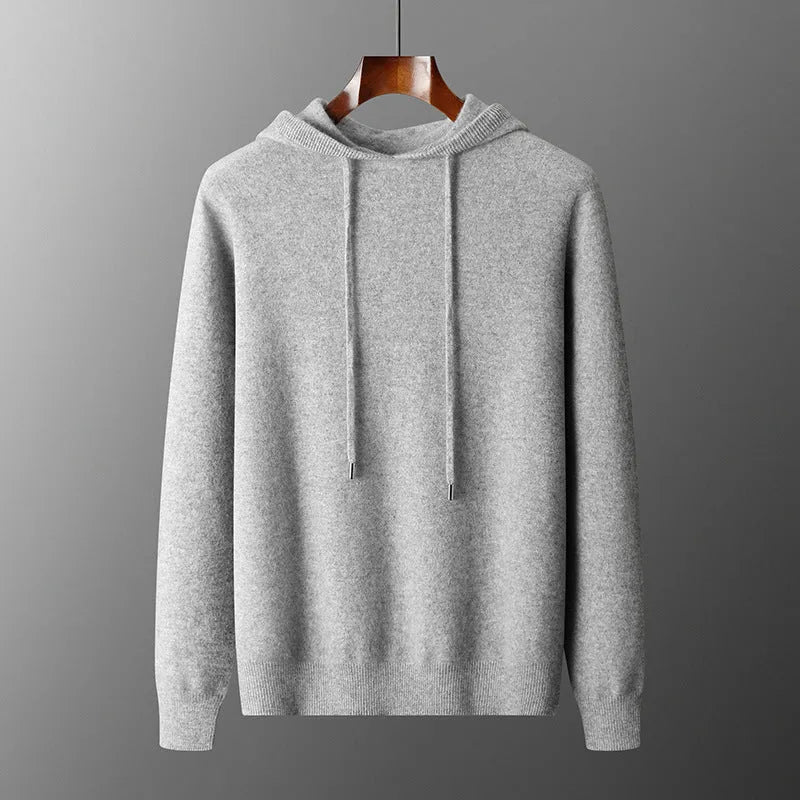 Men's light grey cashmere hooded sweatshirt and matching trousers casual set displayed together