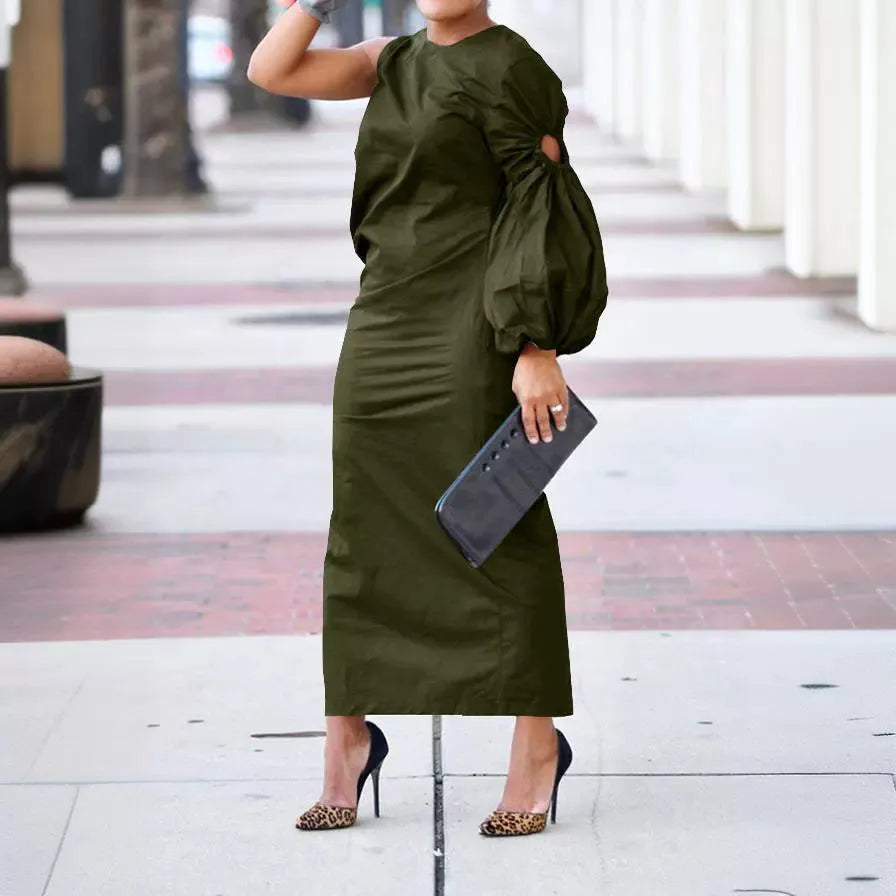 Long lantern sleeve side slit dress with elastic waist in solid colour, available in black army green white yellow sizes S to 3XL