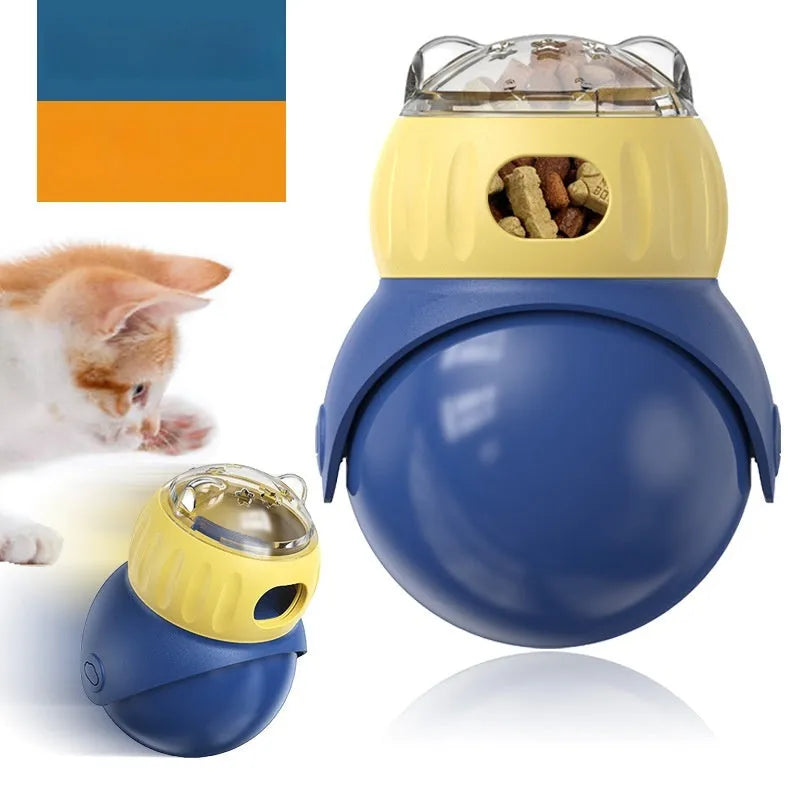 Owl-themed yellow and blue plastic cat feeder tumbler with food puzzle system