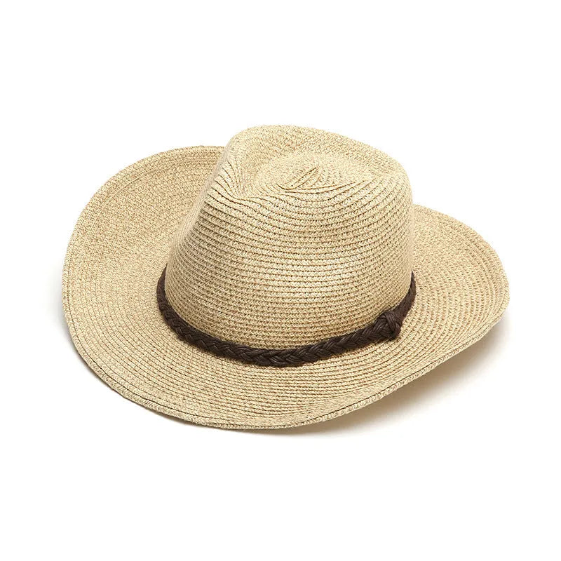 Men's foldable straw sun hat with wide brim in mixed beige colour on neutral background