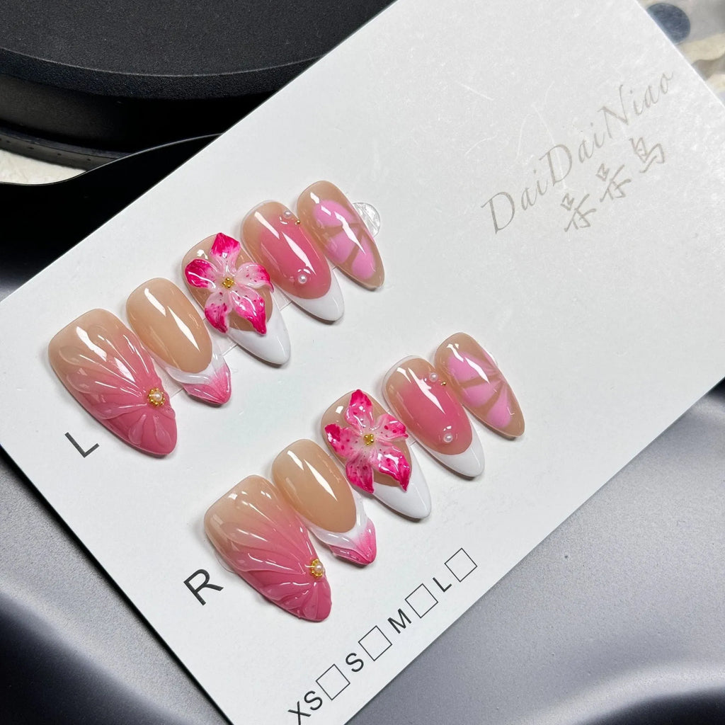 French style lily fluid ice flower 3D design press on nails in almond shape, sizes XS to L