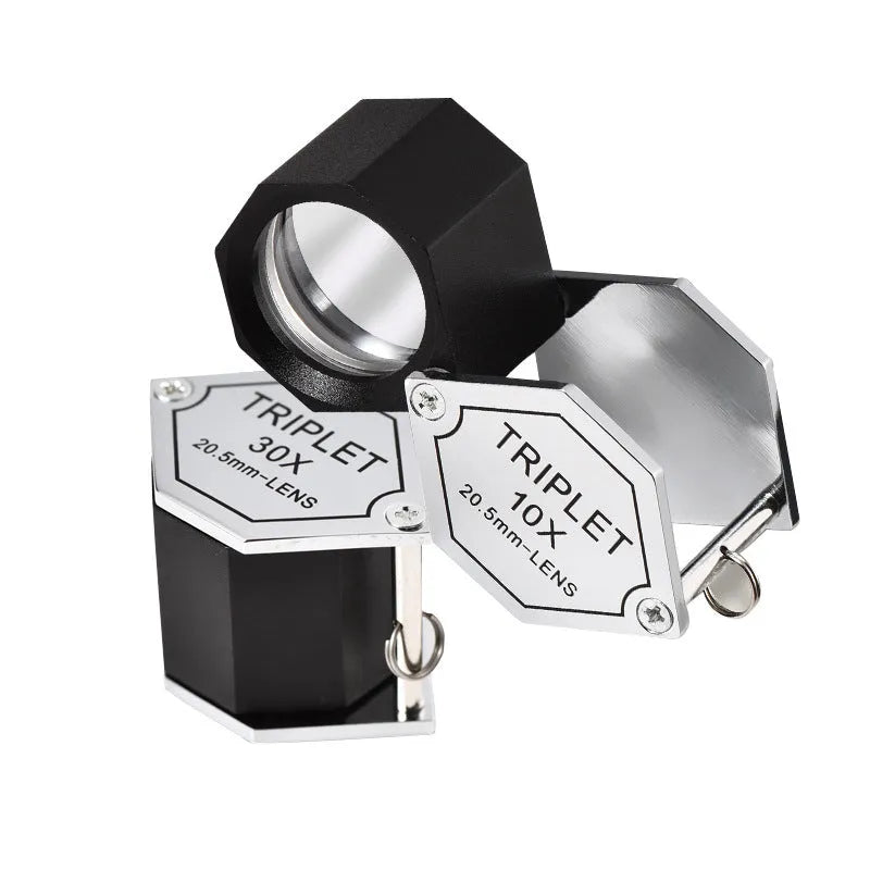 Handheld metal magnifying glass with optical glass for jewellery and coin identification at 10x to 30x magnification