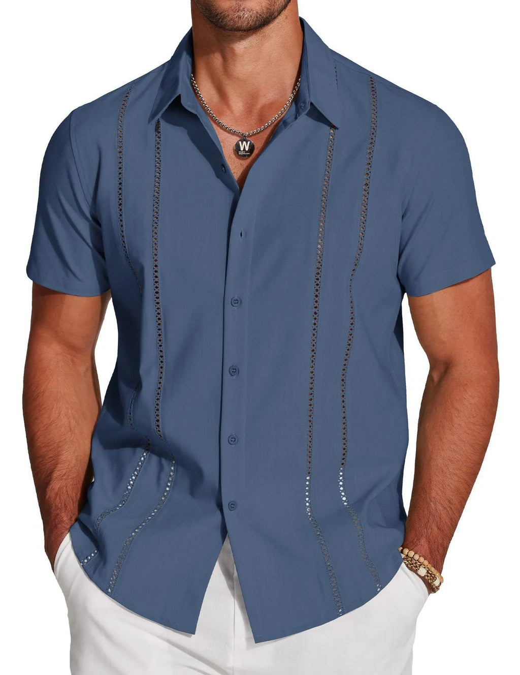 Men's slim fit Hawaiian short sleeve shirt with digital printed pattern and elastic polyester fabric