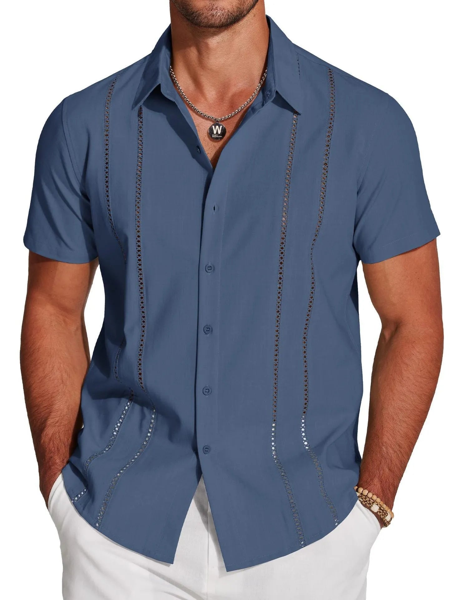Men's slim fit Hawaiian short sleeve shirt with digital printed pattern and elastic polyester fabric