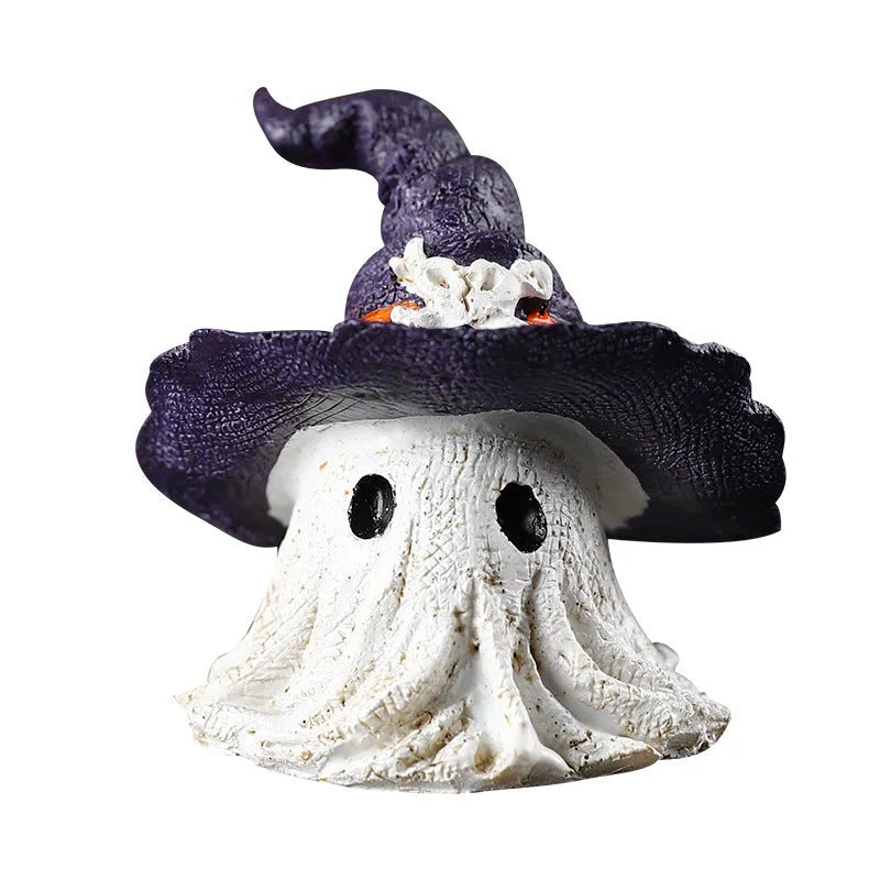 Purple and black resin wizard hat ghost ornaments for Halloween and Christmas seasonal displays