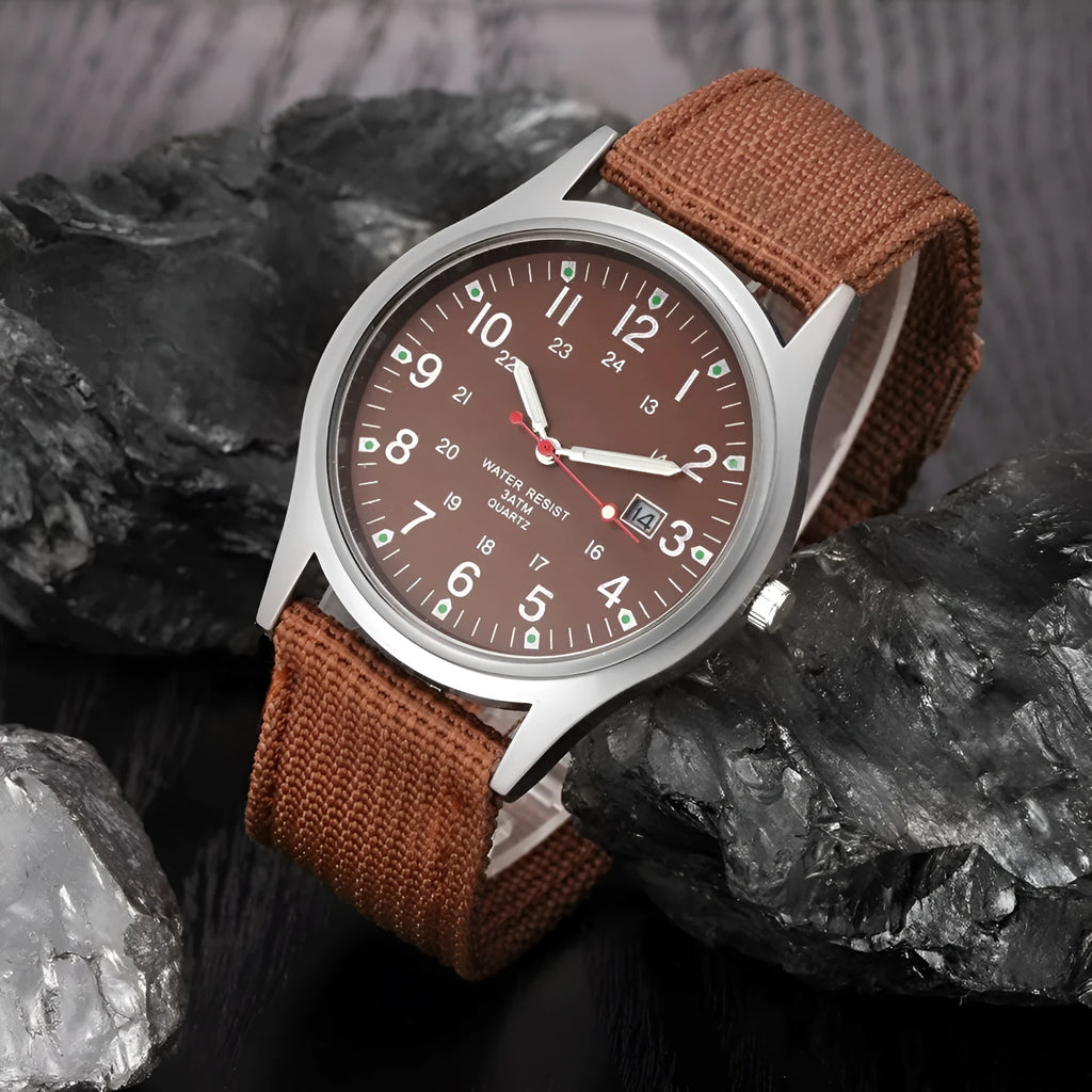 Men's military-style fabric band watch with calendar display and black face