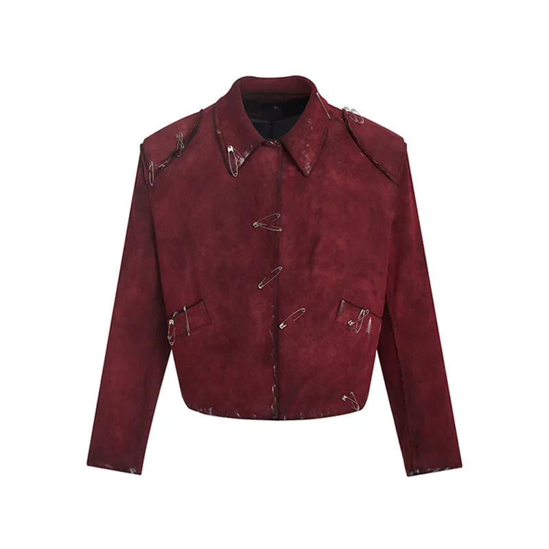 Men's thick quilted flocking jacket with lapel collar and decorative pin in red, loose fit