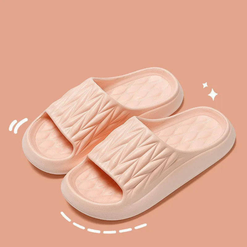Leaf texture design EVA indoor slippers in multiple colours on a white background.