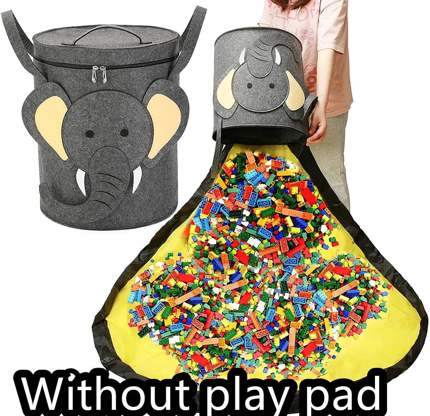 Green cube-shaped felt storage bag with pull rope lying flat as a play mat.