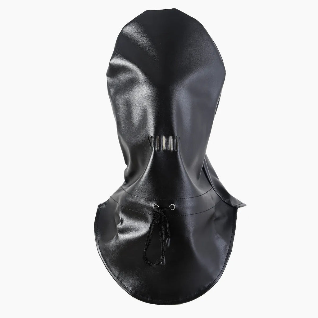 Black Pu leather BDSM mask with adjustable strap and openings for eyes and mouth.