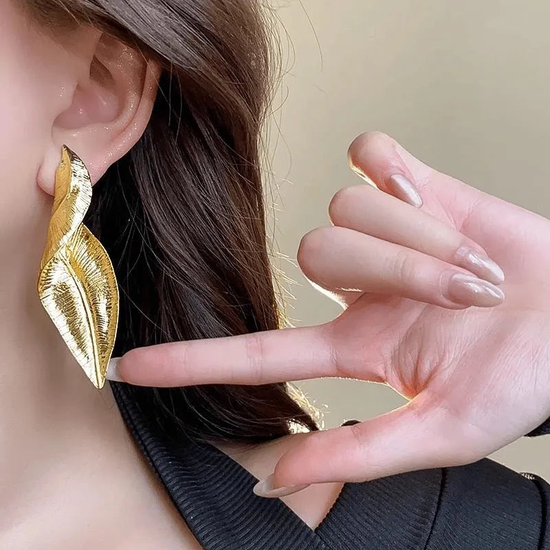 Pair of alloy vintage leaves earrings with retro finish sweet and cool style