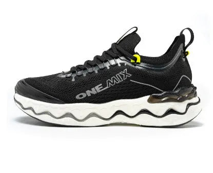 Women's cushioned running shoe with thick rubber sole, shown in a choice of colours like grape purple or peach pink.