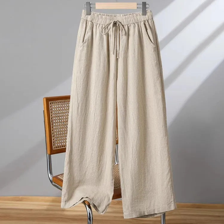 Women's straight-leg casual pants with elastic drawstring waist in apricot colour