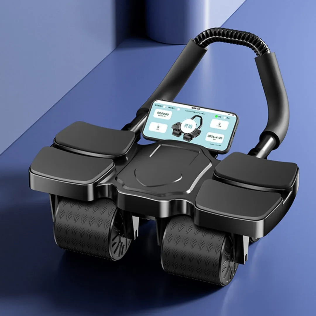 Four-wheel abdominal roller with automatic rebound mechanism in black, blue, or orange.