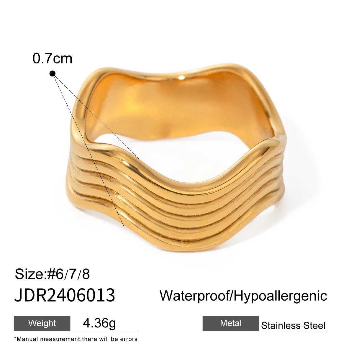 Stainless steel wide band ring with geometric wave pattern design