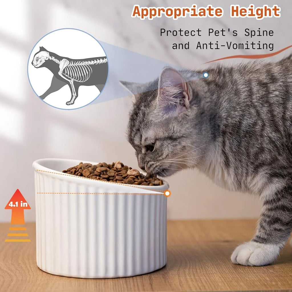 Ceramic elevated cat bowl in green, showing tilted round dish on a raised stand.