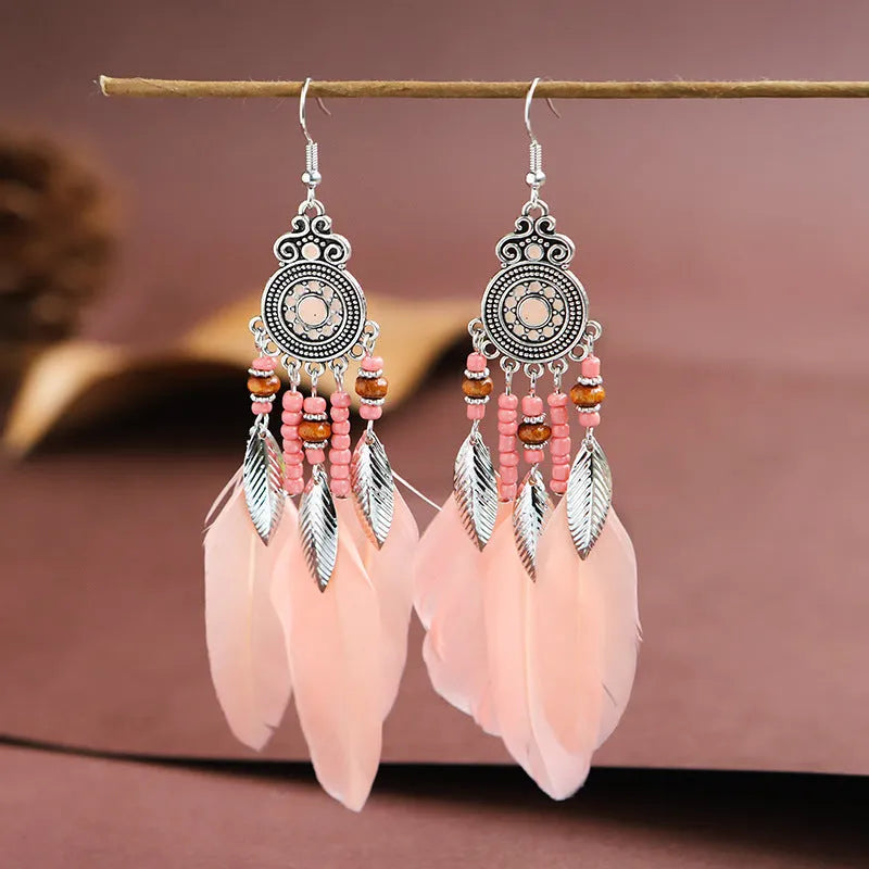 Round drop feather earrings with leaf pattern in Bohemian style, electroplated alloy in various colour options
