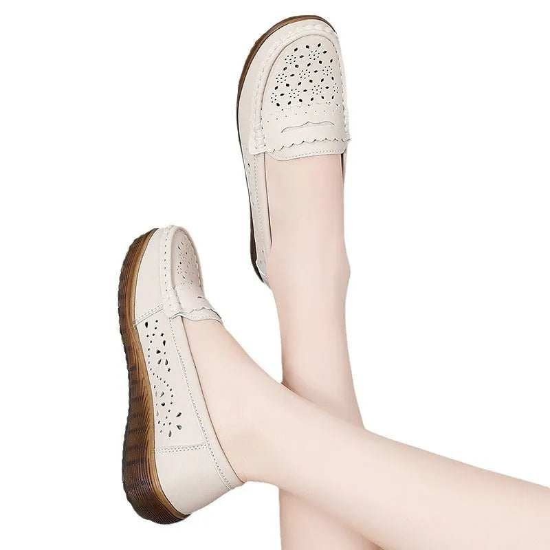 Women's breathable cutout flat shoes with tendon bottom soft sole in beige hollow style