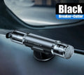 Black and red car safety hammer with tungsten steel window breaker and seat belt cutter on mounting bracket
