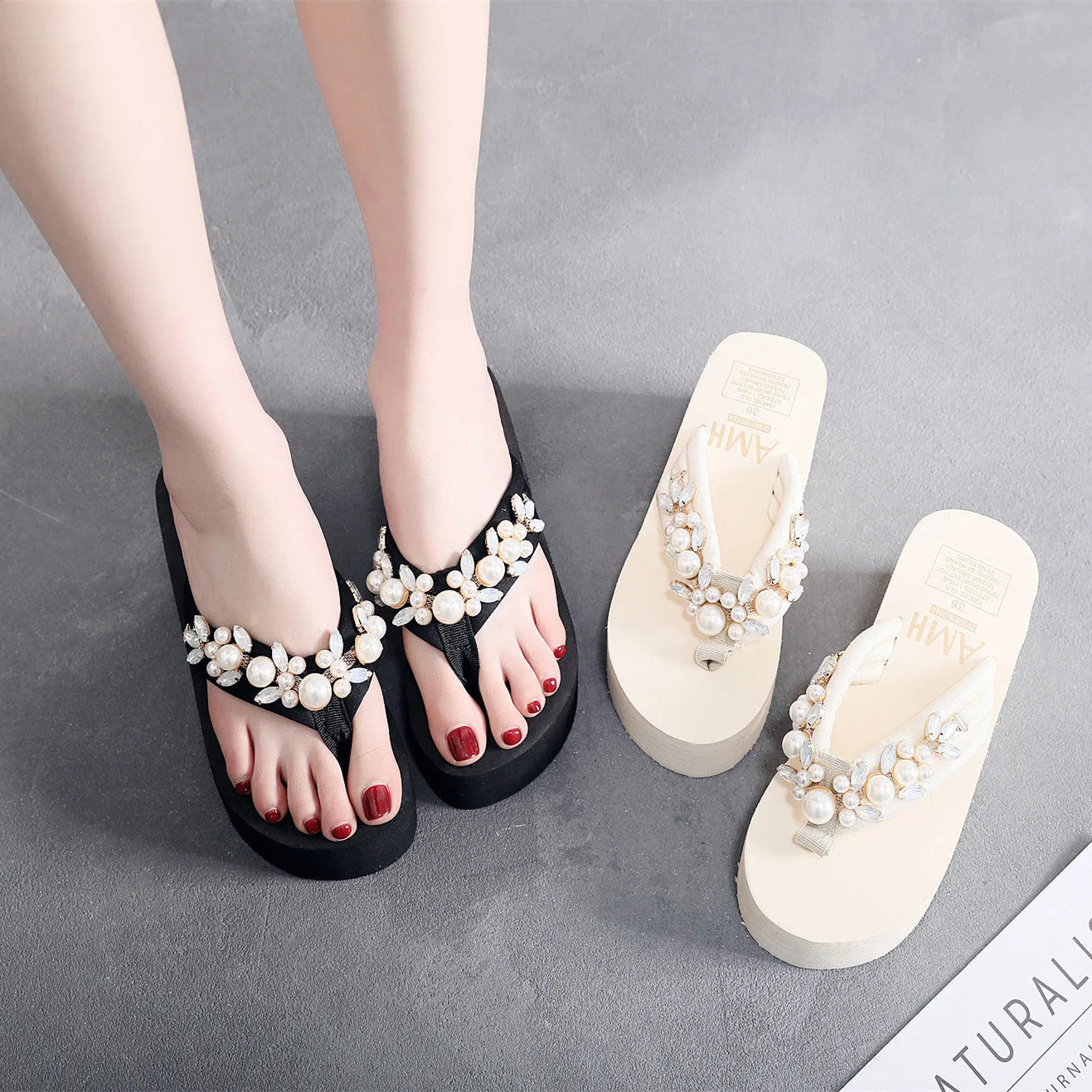 Women's high-heeled flip-flops in cotton with 6cm block heel, shown in beige and black colours