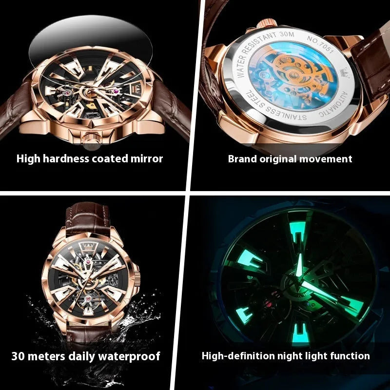 Automatic mechanical watch for men with skeleton dial, stainless steel case, and brown leather strap.