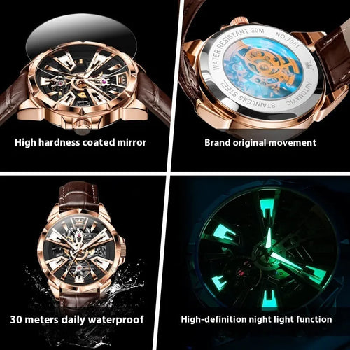 Automatic mechanical watch for men with skeleton dial, stainless steel case, and brown leather strap.